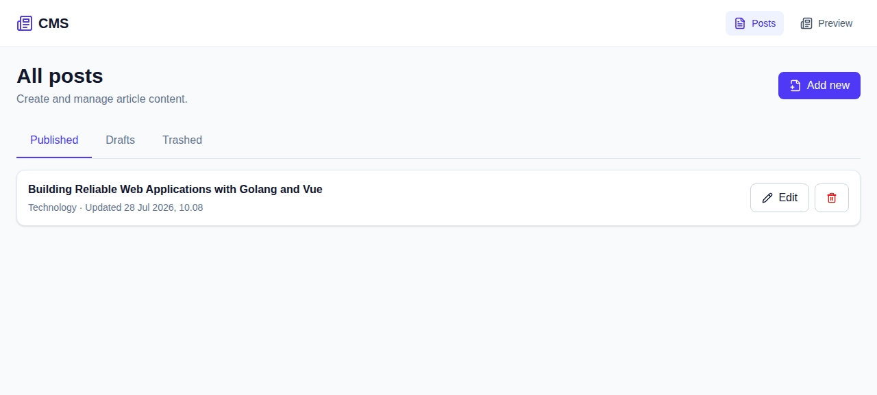 Article Management System application screenshot